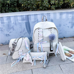 Backpack Canvas 5pcs sets Chain USB Women Backpack Teenager Shoulder Bag Student School Bags