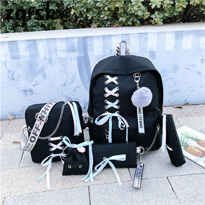 Backpack Canvas 5pcs sets Chain USB Women Backpack Teenager Shoulder Bag Student School Bags