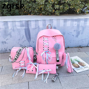 Backpack Canvas 5pcs sets Chain USB Women Backpack Teenager Shoulder Bag Student School Bags