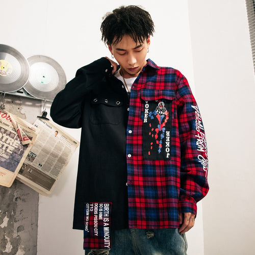 Plaid Shirts Patchwork Long Sleeve Shirt Punk Style Streetwear