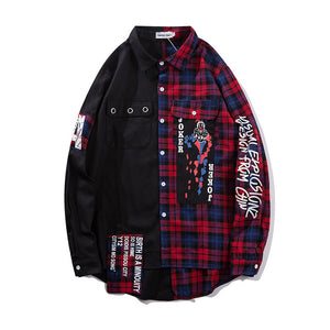 Plaid Shirts Patchwork Long Sleeve Shirt Punk Style Streetwear